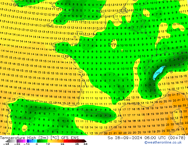 Temp. massima (2m) GFS ENS sab 28.09.2024 06 UTC