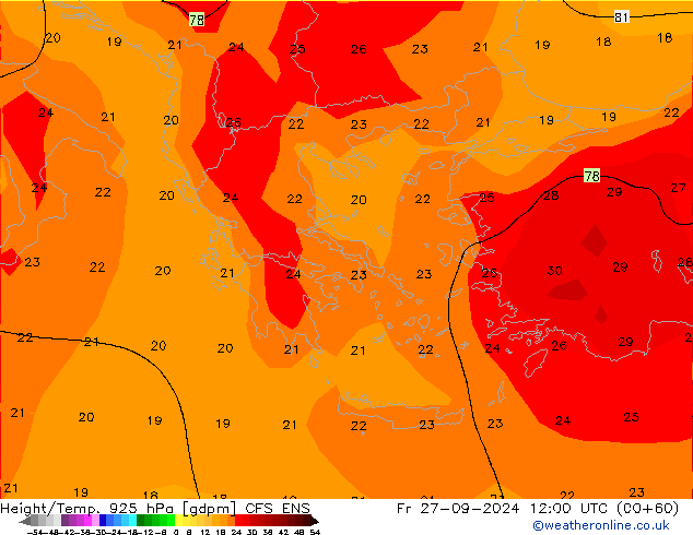 Geop./Temp. 925 hPa GFS ENS vie 27.09.2024 12 UTC