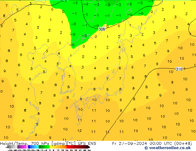 Height/Temp. 700 hPa GFS ENS Fr 27.09.2024 00 UTC