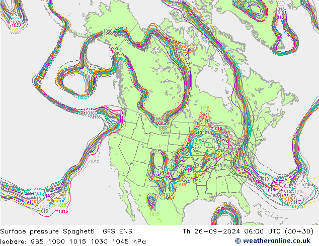 Surface pressure Spaghetti GFS ENS Th 26.09.2024 06 UTC