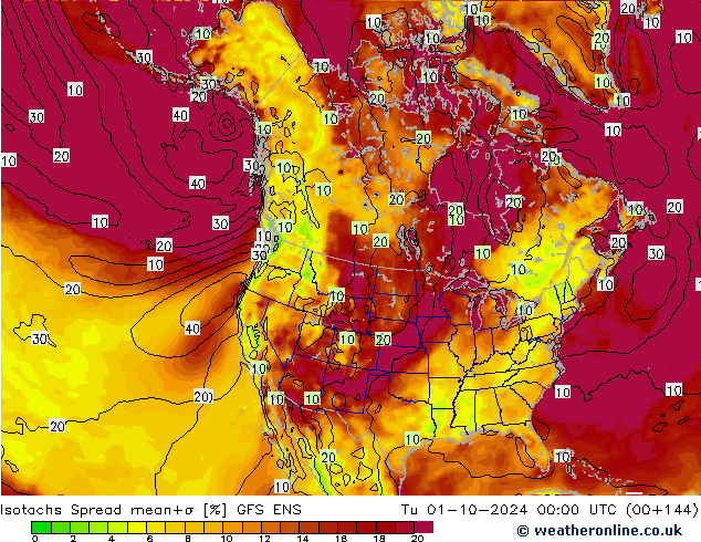 Isotachs Spread GFS ENS Ter 01.10.2024 00 UTC