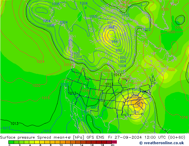 Luchtdruk op zeeniveau Spread GFS ENS vr 27.09.2024 12 UTC