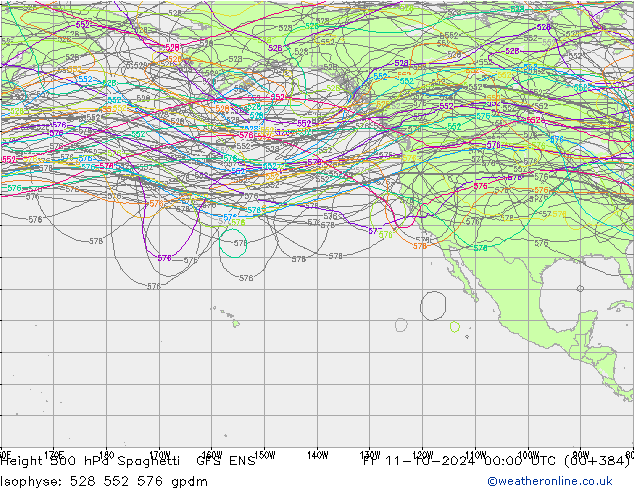 Height 500 hPa Spaghetti GFS ENS Fr 11.10.2024 00 UTC