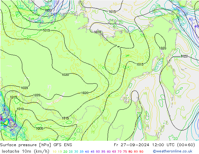 Isotachen (km/h) GFS ENS Fr 27.09.2024 12 UTC