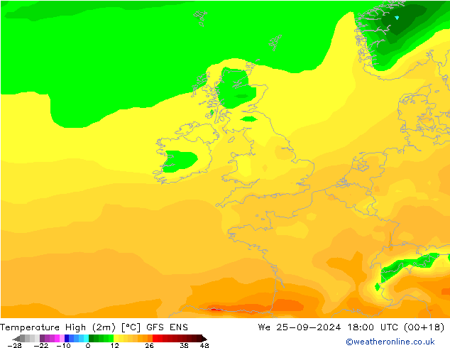 Max. Temperatura (2m) GFS ENS śro. 25.09.2024 18 UTC