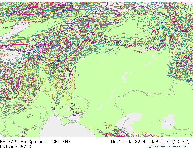 RH 700 hPa Spaghetti GFS ENS Th 26.09.2024 18 UTC