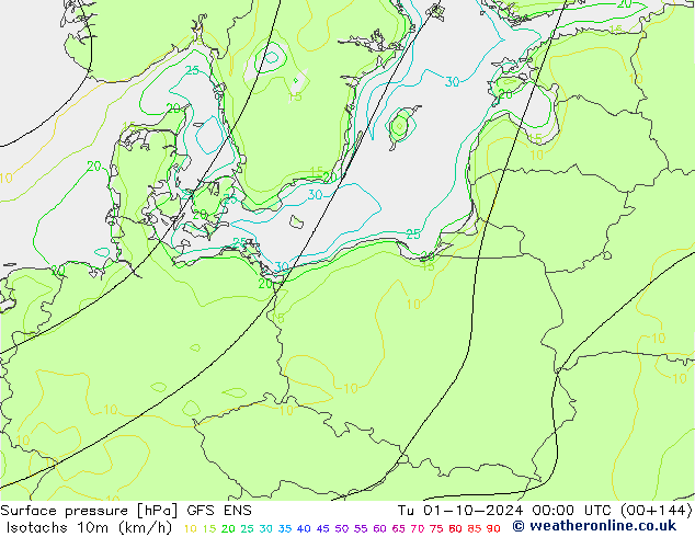 Isotachs (kph) GFS ENS Tu 01.10.2024 00 UTC