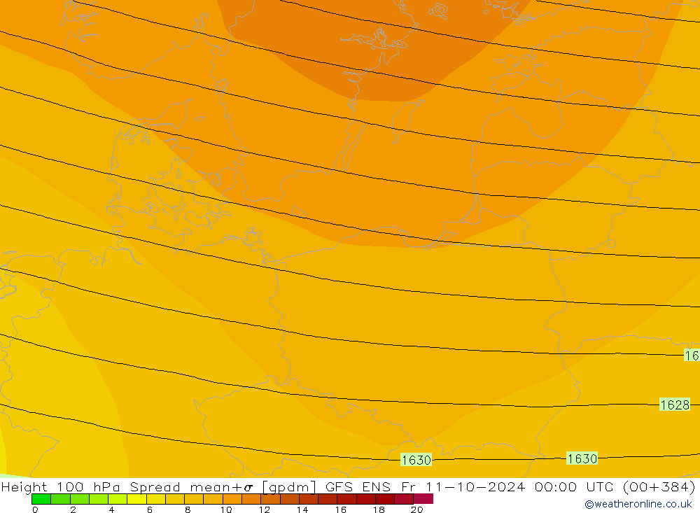 Hoogte 100 hPa Spread GFS ENS vr 11.10.2024 00 UTC