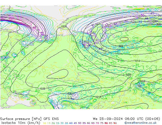 Isotachen (km/h) GFS ENS wo 25.09.2024 06 UTC