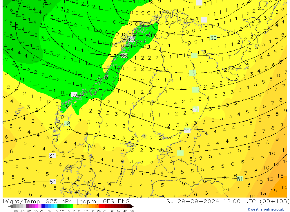 Height/Temp. 925 hPa GFS ENS  29.09.2024 12 UTC