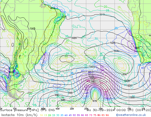 Eşrüzgar Hızları (km/sa) GFS ENS Pzt 30.09.2024 00 UTC