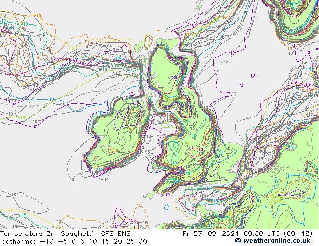 Temperatura 2m Spaghetti GFS ENS ven 27.09.2024 00 UTC