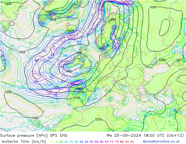 Isotachen (km/h) GFS ENS wo 25.09.2024 18 UTC