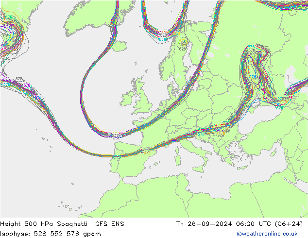 Height 500 hPa Spaghetti GFS ENS Qui 26.09.2024 06 UTC