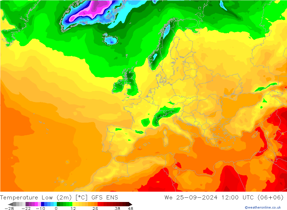 Nejnižší teplota (2m) GFS ENS St 25.09.2024 12 UTC