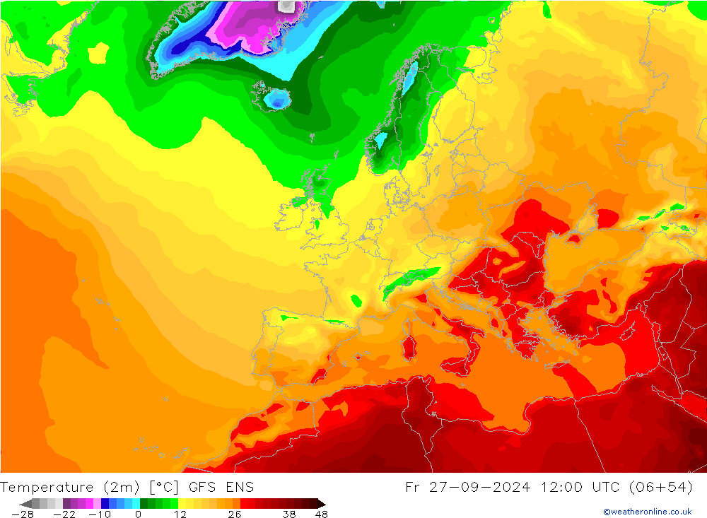 Temperatuurkaart (2m) GFS ENS vr 27.09.2024 12 UTC