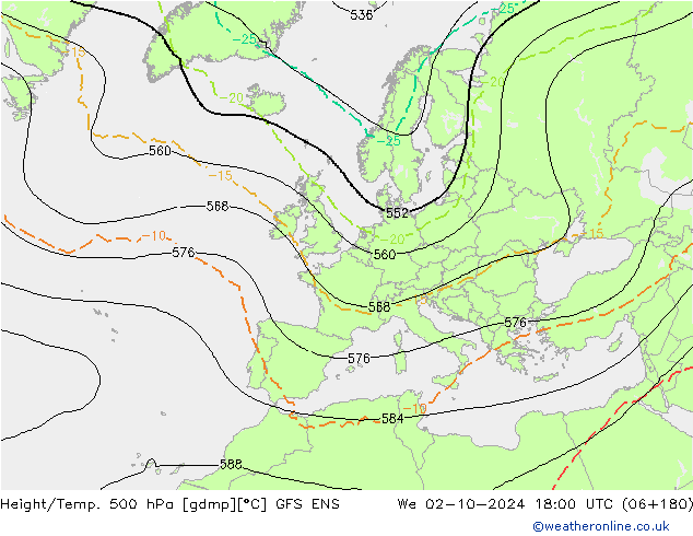 Hoogte/Temp. 500 hPa GFS ENS wo 02.10.2024 18 UTC