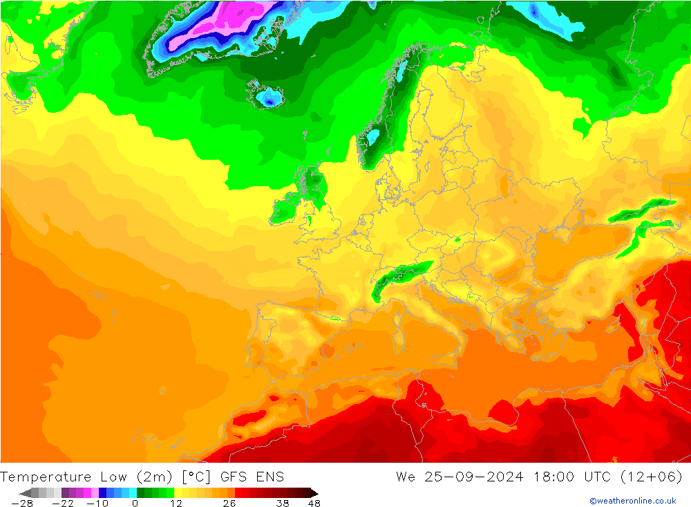 Temp. minima (2m) GFS ENS mer 25.09.2024 18 UTC