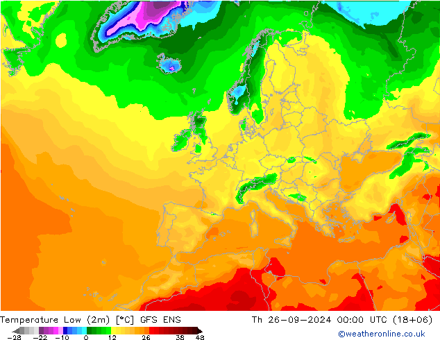 Nejnižší teplota (2m) GFS ENS Čt 26.09.2024 00 UTC