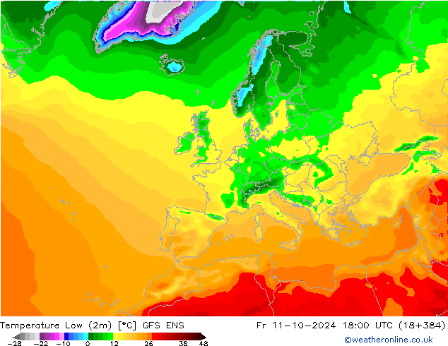 Min.temperatuur (2m) GFS ENS vr 11.10.2024 18 UTC