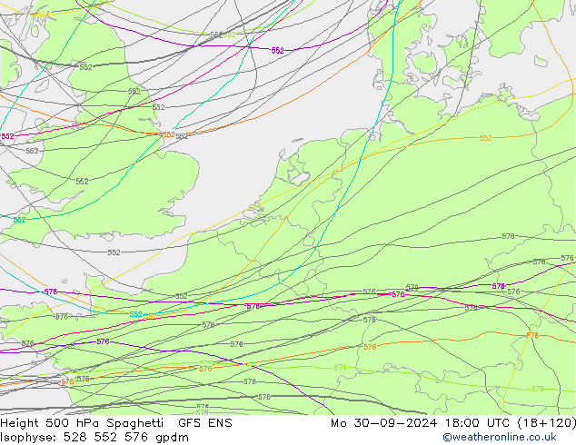 Height 500 hPa Spaghetti GFS ENS lun 30.09.2024 18 UTC