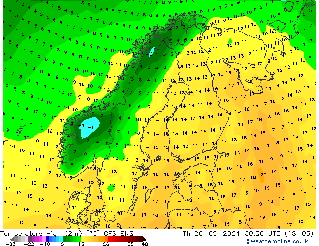 Max. Temperatura (2m) GFS ENS czw. 26.09.2024 00 UTC