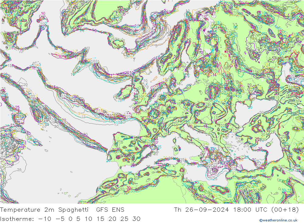 Temperature 2m Spaghetti GFS ENS Th 26.09.2024 18 UTC