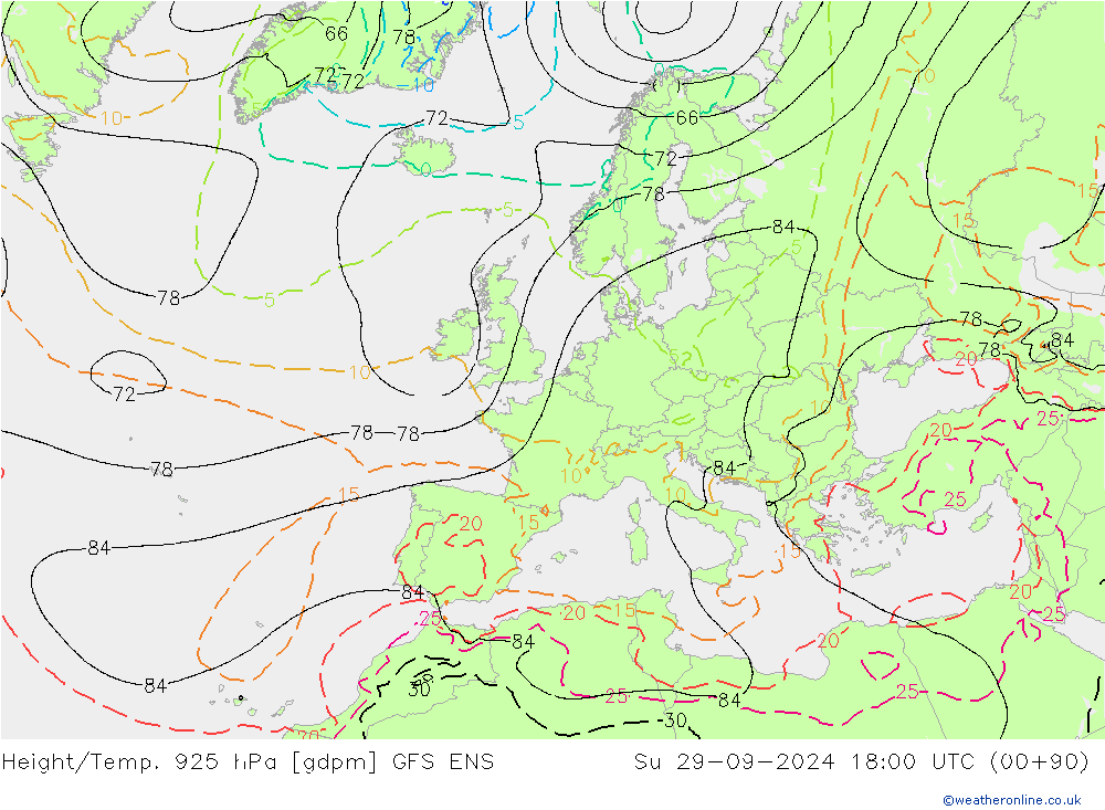 Height/Temp. 925 hPa GFS ENS Su 29.09.2024 18 UTC