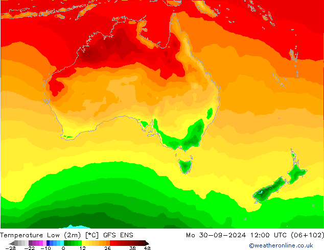 Min. Temperatura (2m) GFS ENS pon. 30.09.2024 12 UTC