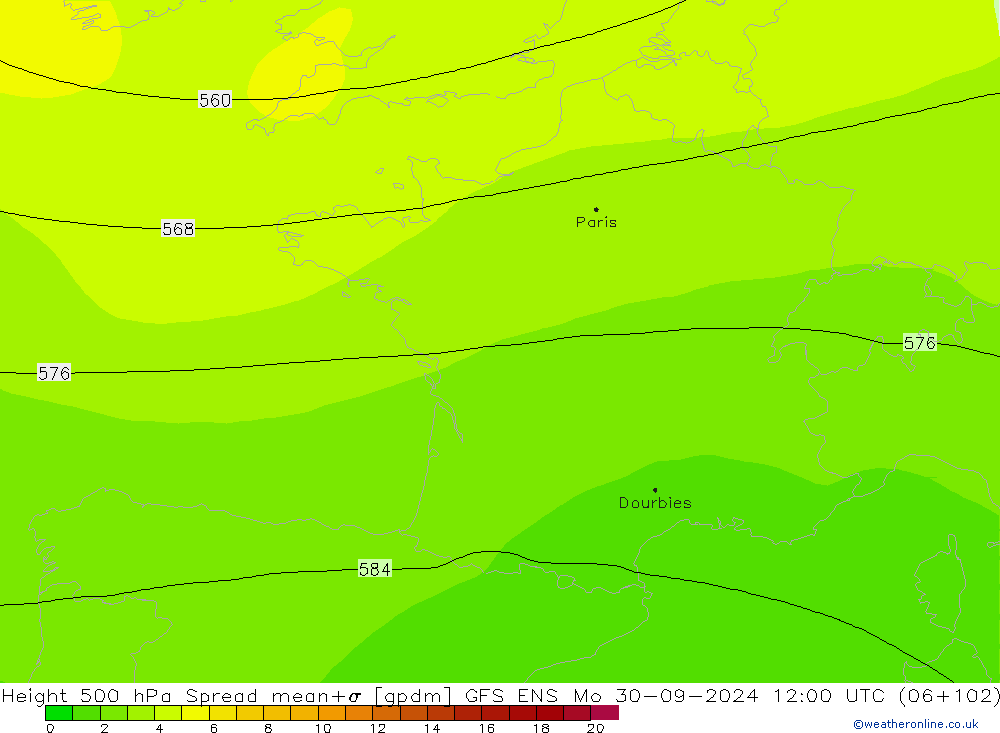 Hoogte 500 hPa Spread GFS ENS ma 30.09.2024 12 UTC