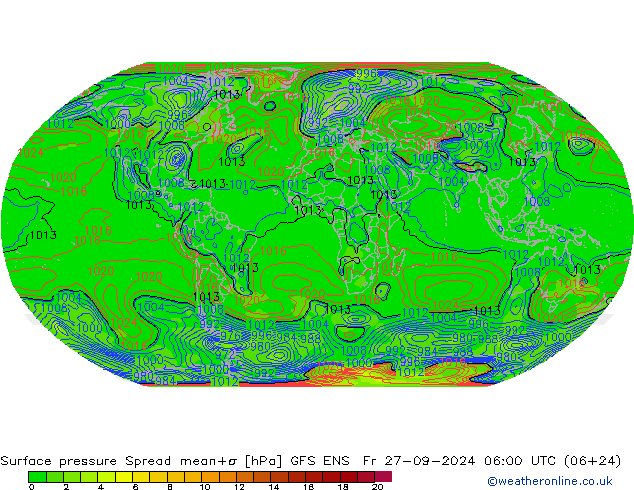 Luchtdruk op zeeniveau Spread GFS ENS vr 27.09.2024 06 UTC