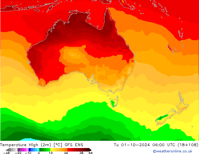 Max. Temperatura (2m) GFS ENS wto. 01.10.2024 06 UTC