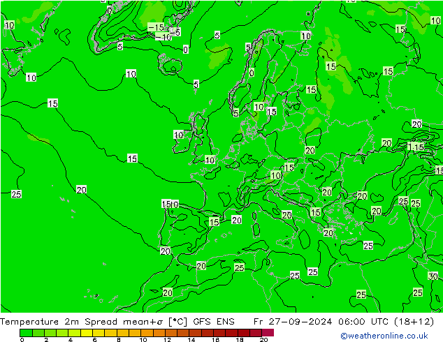 température 2m Spread GFS ENS ven 27.09.2024 06 UTC