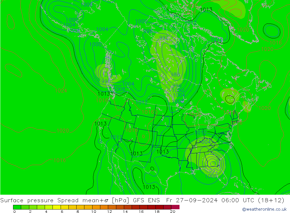 Surface pressure Spread GFS ENS Fr 27.09.2024 06 UTC