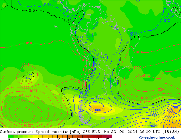 Luchtdruk op zeeniveau Spread GFS ENS ma 30.09.2024 06 UTC