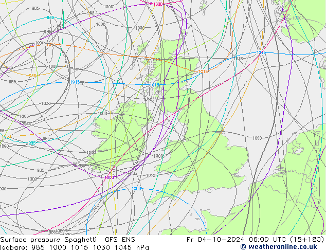 Luchtdruk op zeeniveau Spaghetti GFS ENS vr 04.10.2024 06 UTC