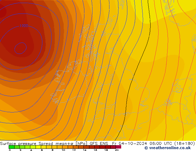 Luchtdruk op zeeniveau Spread GFS ENS vr 04.10.2024 06 UTC