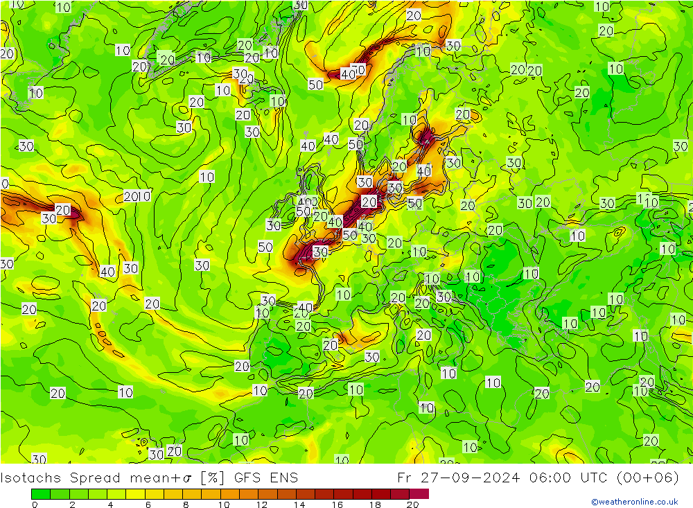 Isotachs Spread GFS ENS Fr 27.09.2024 06 UTC