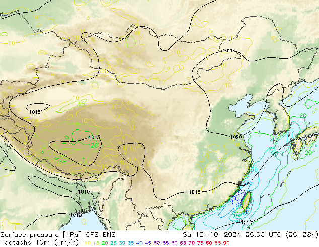 10米等风速线 (kph) GFS ENS 星期日 13.10.2024 06 UTC