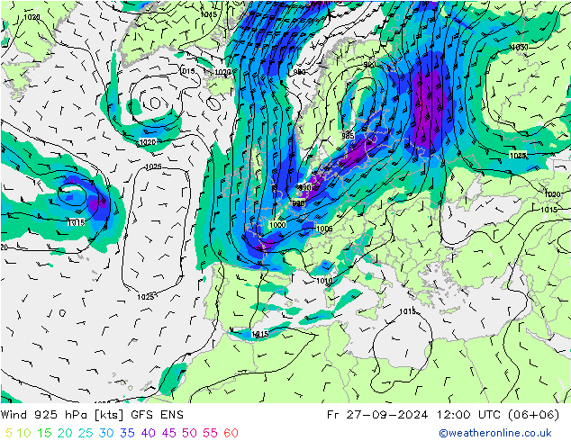 风 925 hPa GFS ENS 星期五 27.09.2024 12 UTC