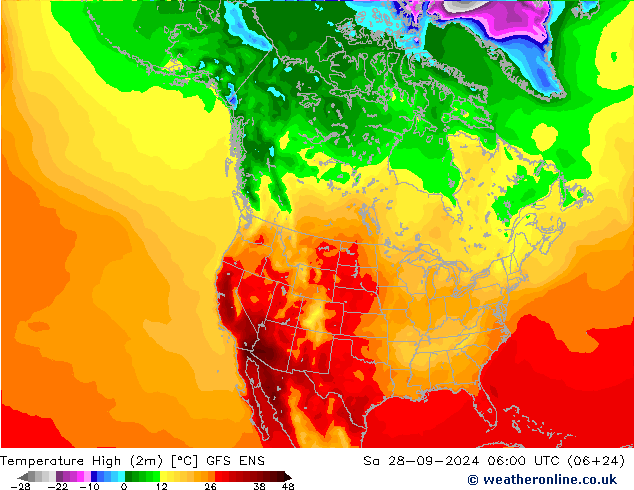 Temperature High (2m) GFS ENS 星期六 28.09.2024 06 UTC