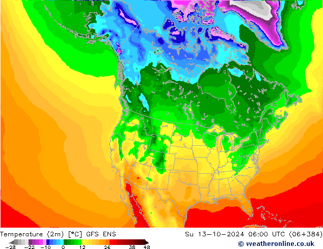 Temperatuurkaart (2m) GFS ENS zo 13.10.2024 06 UTC