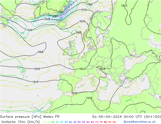 Isotachen (km/h) Meteo FR Sa 06.04.2024 00 UTC