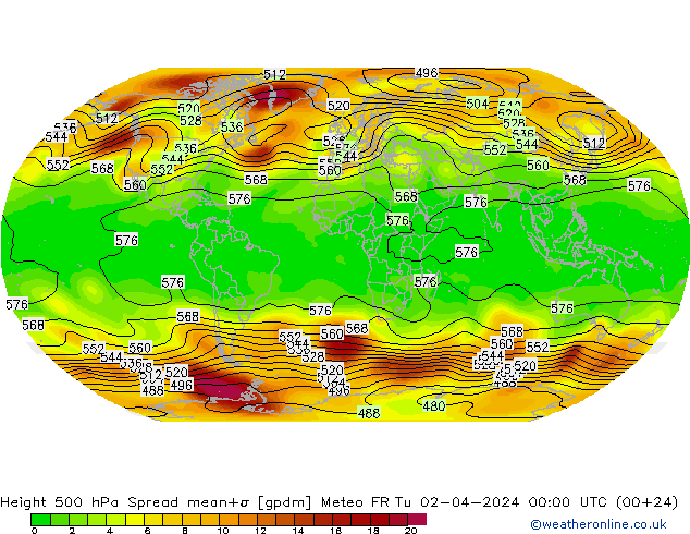 Geop. 500 hPa Spread Meteo FR mar 02.04.2024 00 UTC