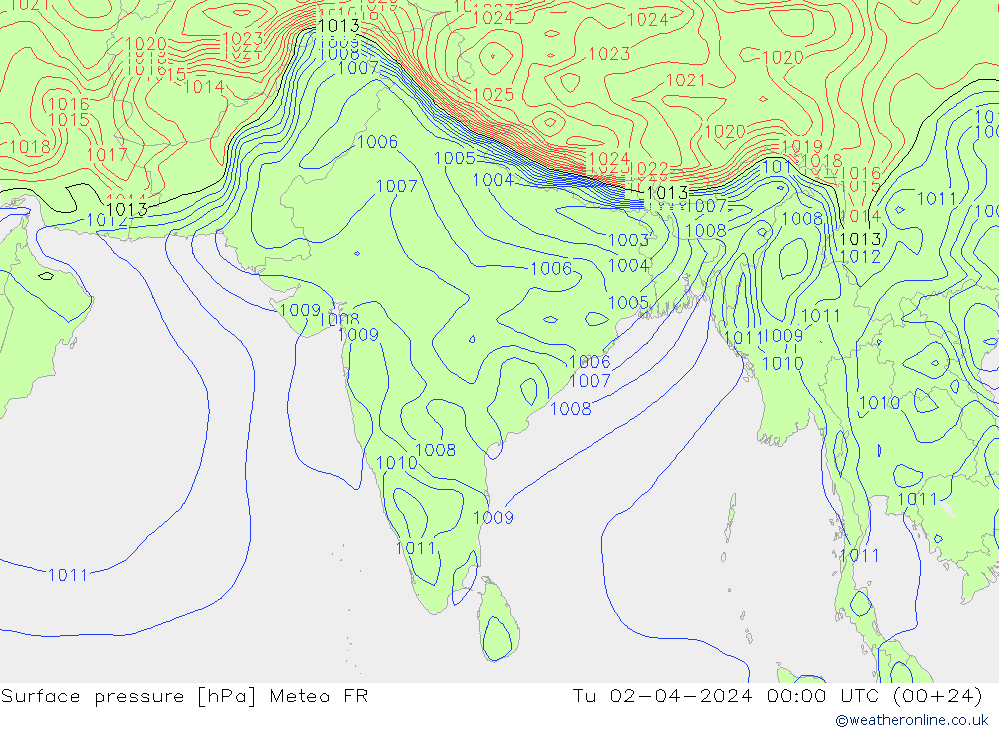 Surface pressure Meteo FR Tu 02.04.2024 00 UTC