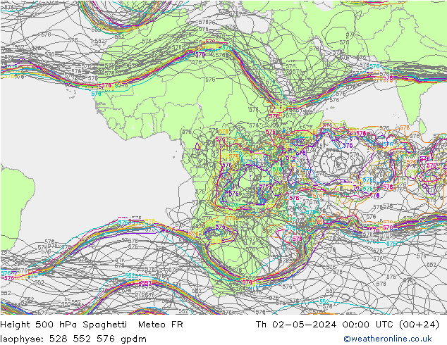 Geop. 500 hPa Spaghetti Meteo FR jue 02.05.2024 00 UTC