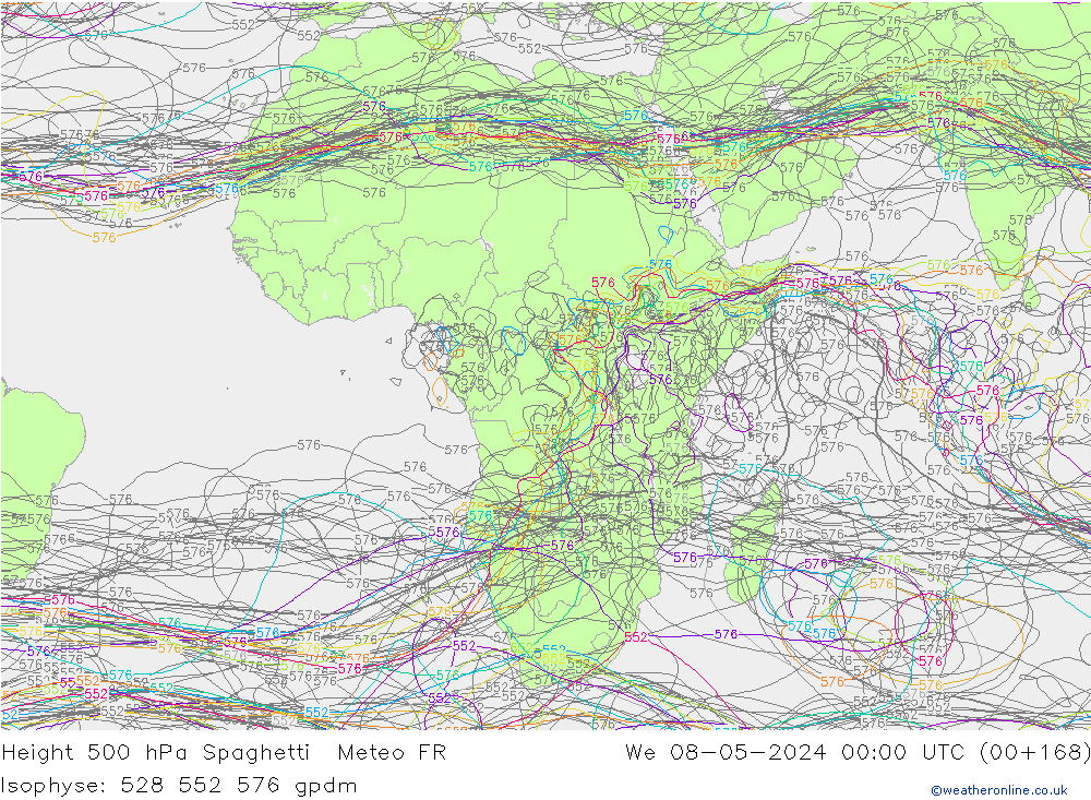 Height 500 hPa Spaghetti Meteo FR śro. 08.05.2024 00 UTC