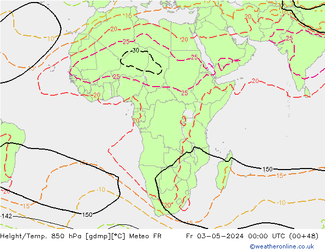 Hoogte/Temp. 850 hPa Meteo FR vr 03.05.2024 00 UTC