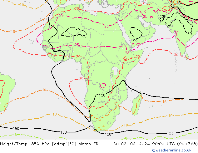 Yükseklik/Sıc. 850 hPa Meteo FR Paz 02.06.2024 00 UTC