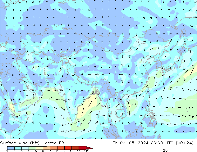 Surface wind (bft) Meteo FR Čt 02.05.2024 00 UTC